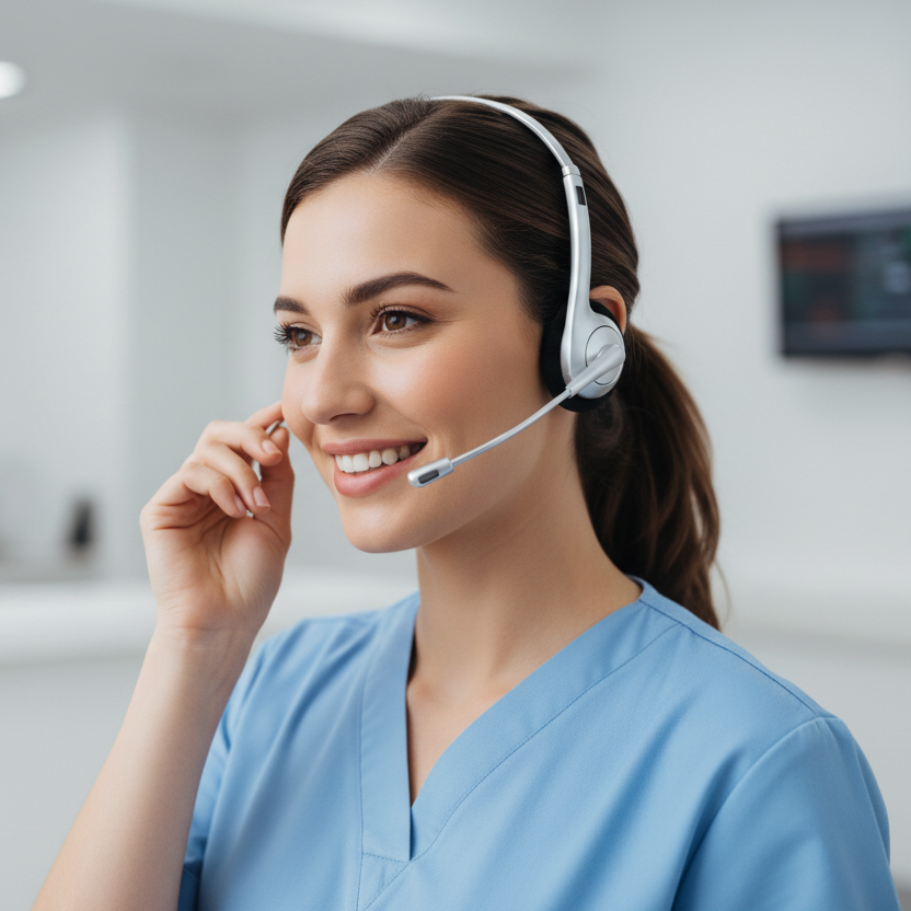 Head of an attractive nurse wearing a headset answering a call. 1000x1000px