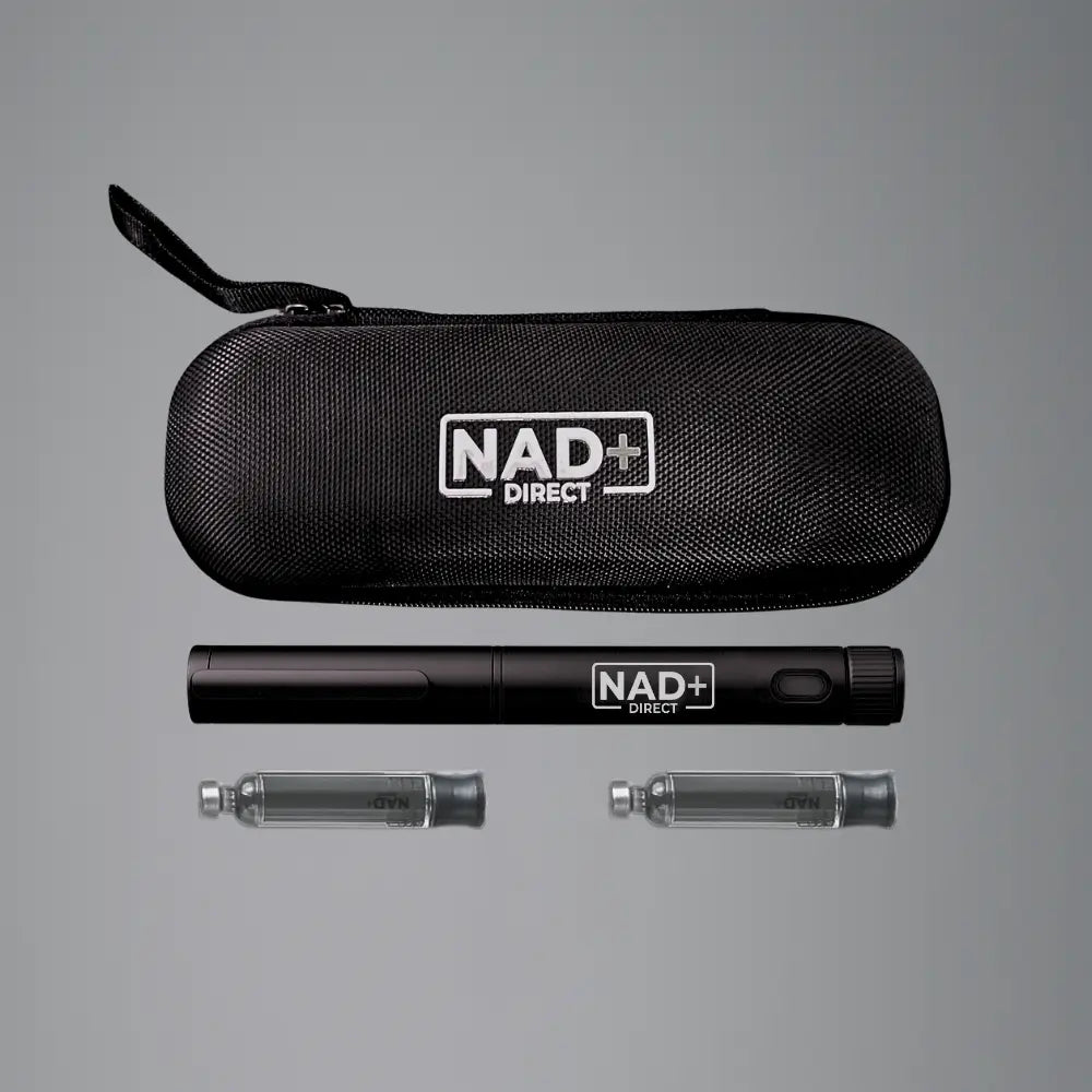 Black carrying case with NAD+ Direct logo and NAD+ on a grey background