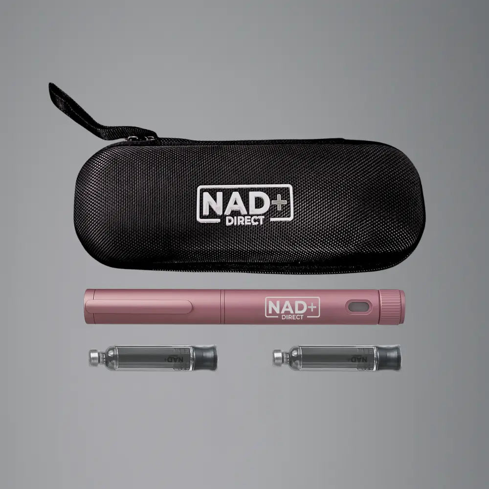 Black carrying case with pink device and clear components on a gray background, featuring NAD+ Direct branding.